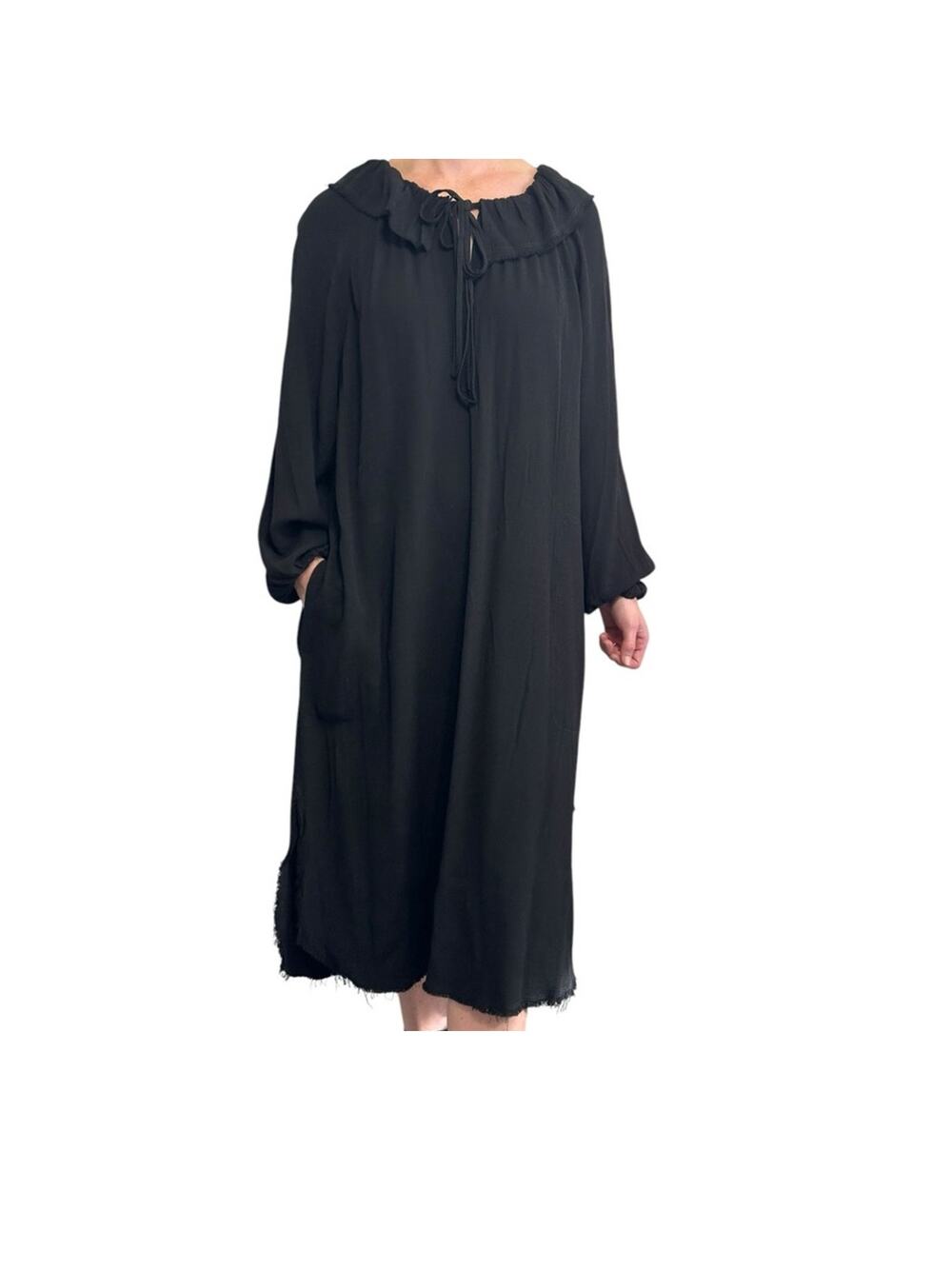 Raquel Allegra Harlequin Peasant Dress size 0 XS Black Handmade Ruffle Tie Neck